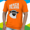 T-shirt arancione con scritta Berta filava e muso di una pecora con gli occhiali da sole a barrette orizzontali.